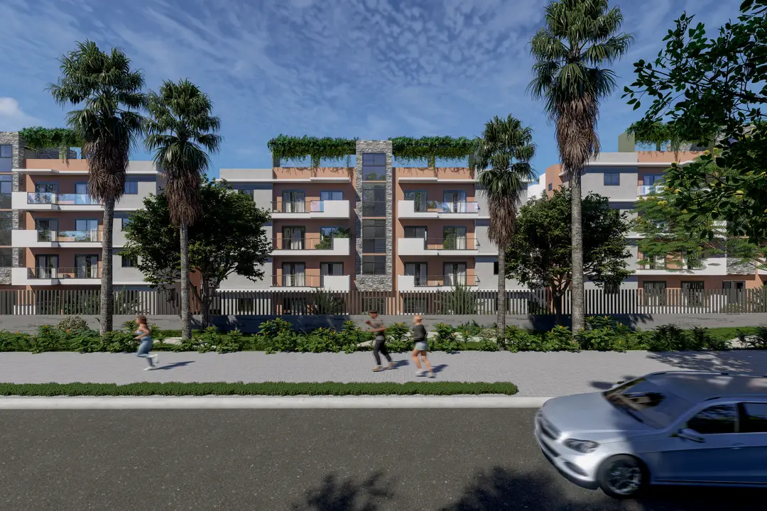 Fachada frontal con corredores y balcones